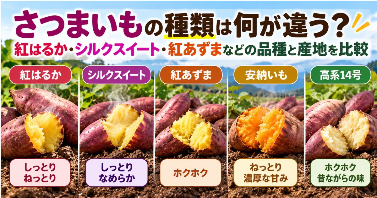紅はるか・シルクスイート・紅あずま・安納いも・高系14号の5品種を写真で並べ、さつまいもの種類や食感、産地の違いを紹介する画像