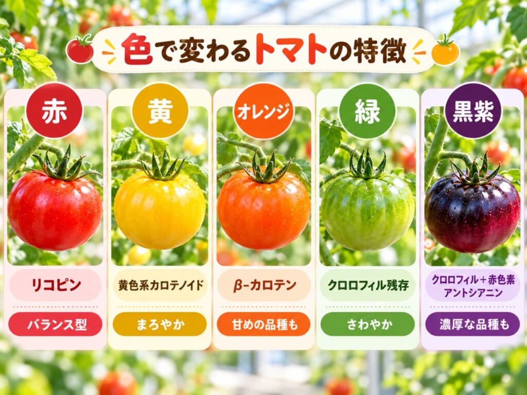 赤・黄・オレンジ・緑・黒紫トマトの主な色素と味の傾向を比較した図