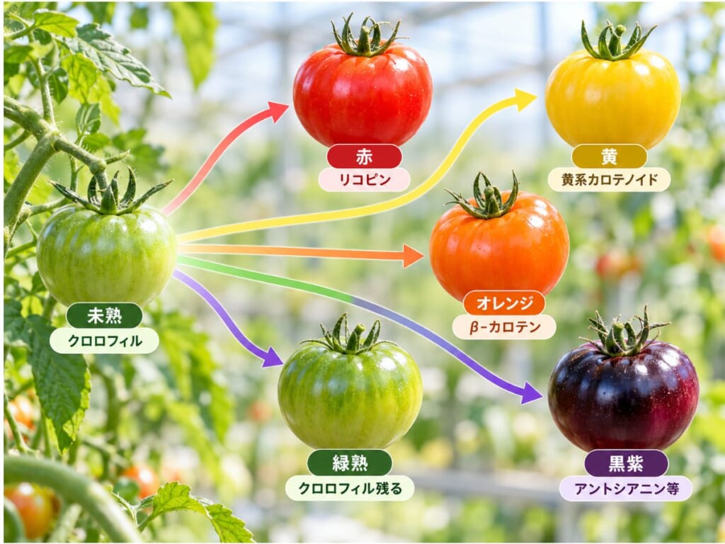 未熟な緑色のトマトから赤・黄・オレンジ・緑熟・黒紫へ色づく違いと、リコピンやカロテノイドなどの色素を示した図