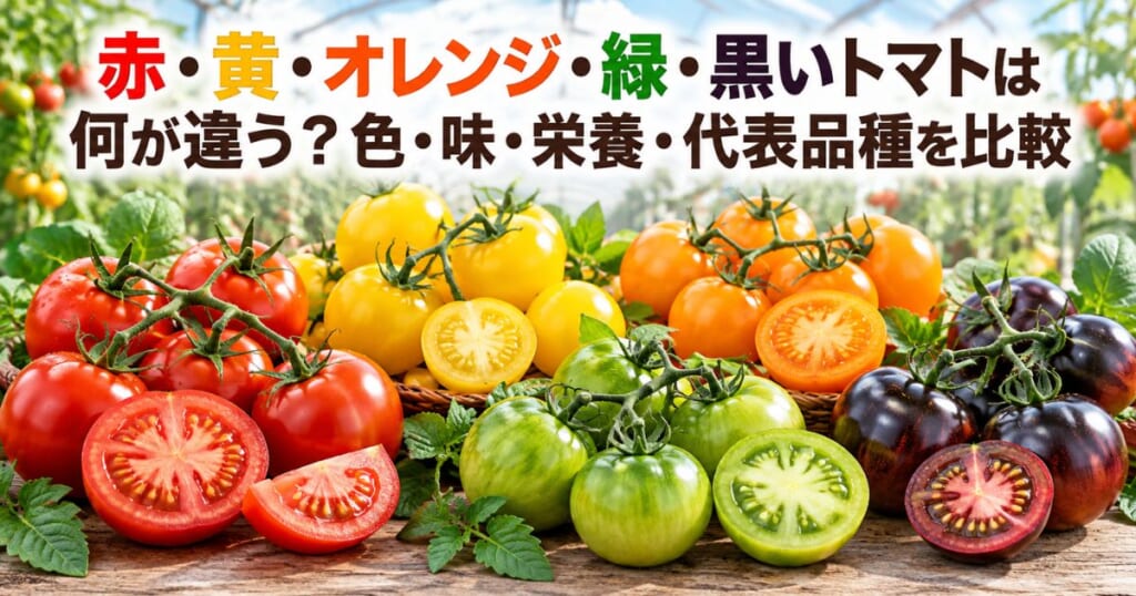 赤・黄・オレンジ・緑・黒紫のトマトを並べ、色・味・栄養・代表品種の違いを比較するアイキャッチ画像