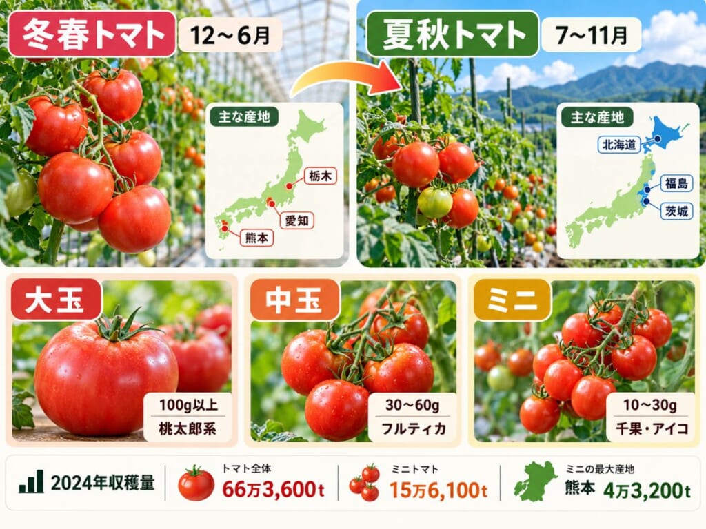 冬春トマトと夏秋トマトの主産地、大玉・中玉・ミニトマトの違い、2024年の収穫量を示した図