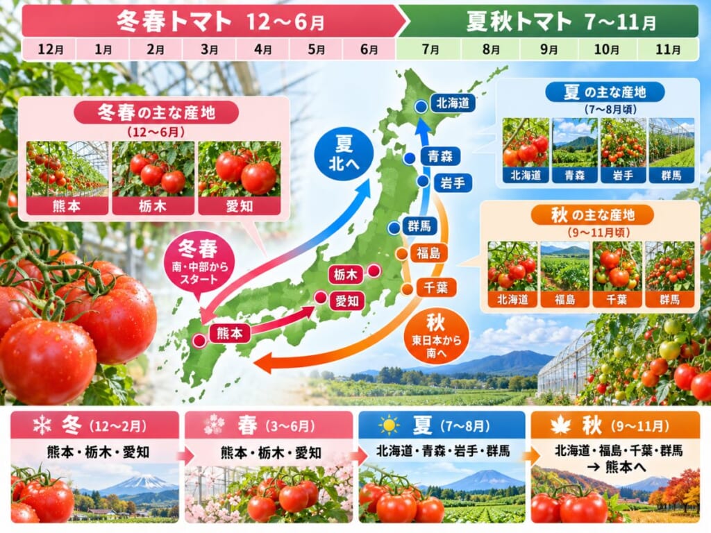 冬春トマトは熊本・栃木・愛知、夏秋トマトは北海道・青森・岩手・群馬などへ産地が移る年間リレーを示した図