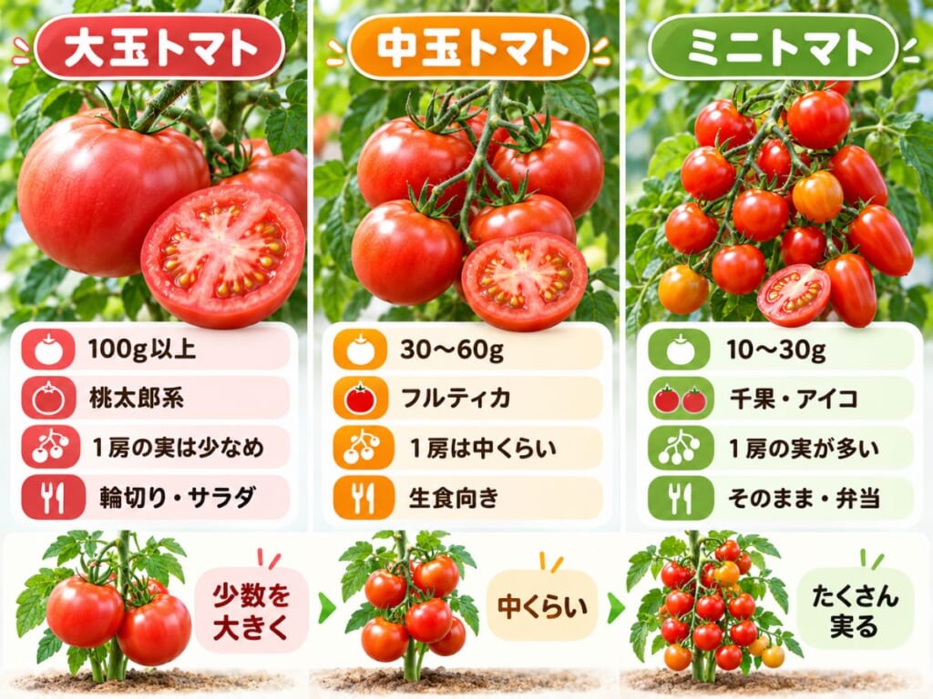 大玉・中玉・ミニトマトの果実サイズと1房につく実の数の違いを比較した図
