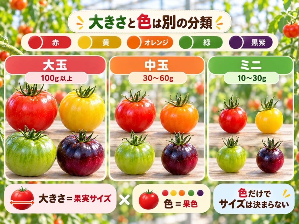 大玉・中玉・ミニという果実サイズと、赤・黄・オレンジ・緑・黒紫という果色が別の分類であることを示した図