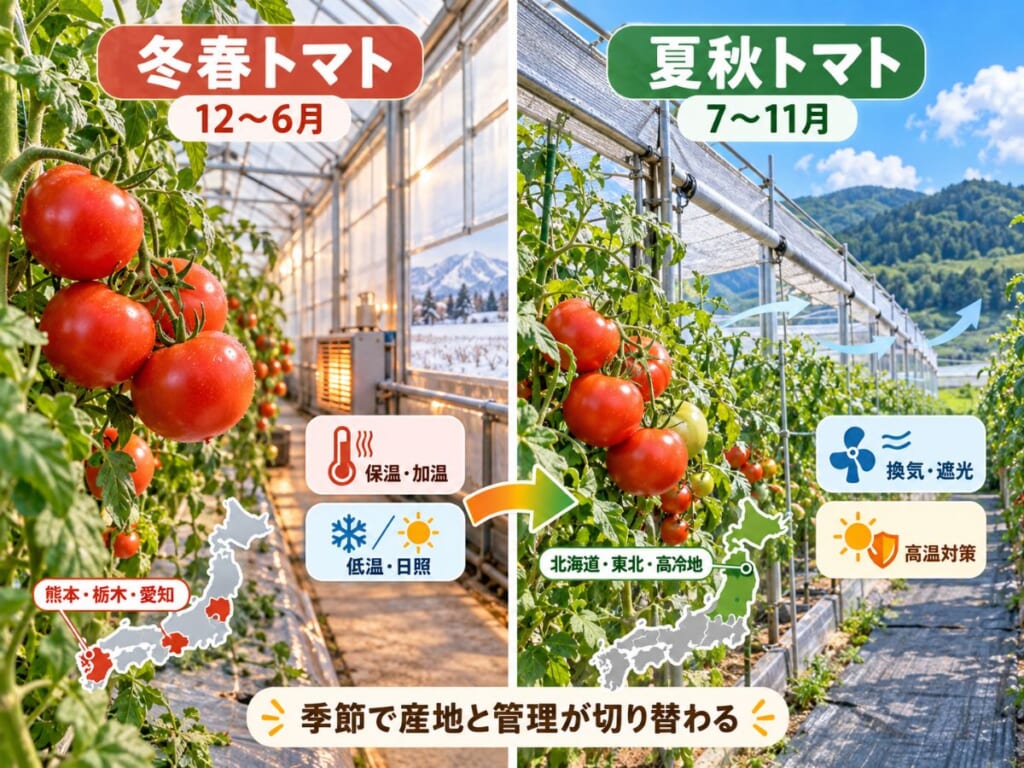 冬春トマトと夏秋トマトの主産地、施設、温度・日射・水分管理など栽培方法の違いを比較した図
