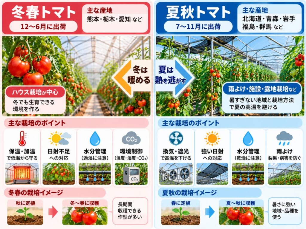 冬春トマトでは保温・加温、夏秋トマトでは換気・遮光など季節によって産地と栽培管理が切り替わることを示した図