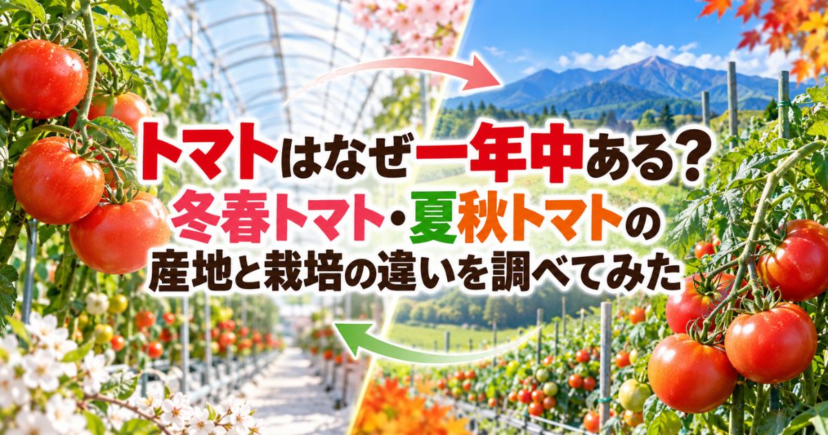 トマトが一年中流通する理由として冬春トマトと夏秋トマトの産地や栽培の違いを紹介するアイキャッチ画像